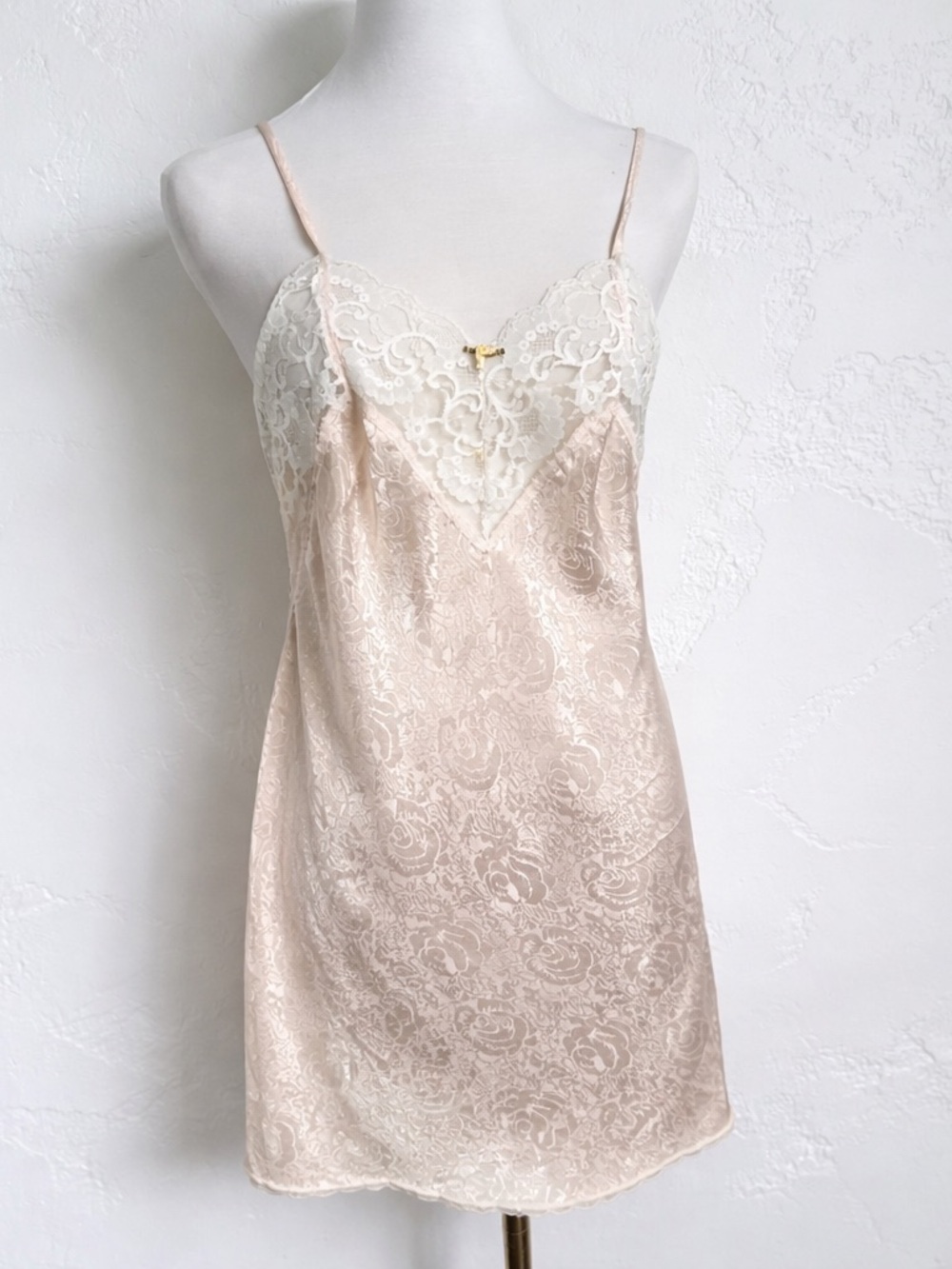 Vintage Champagne Satin Lace Slip Dress Y2K Coquette Lingerie Mini M